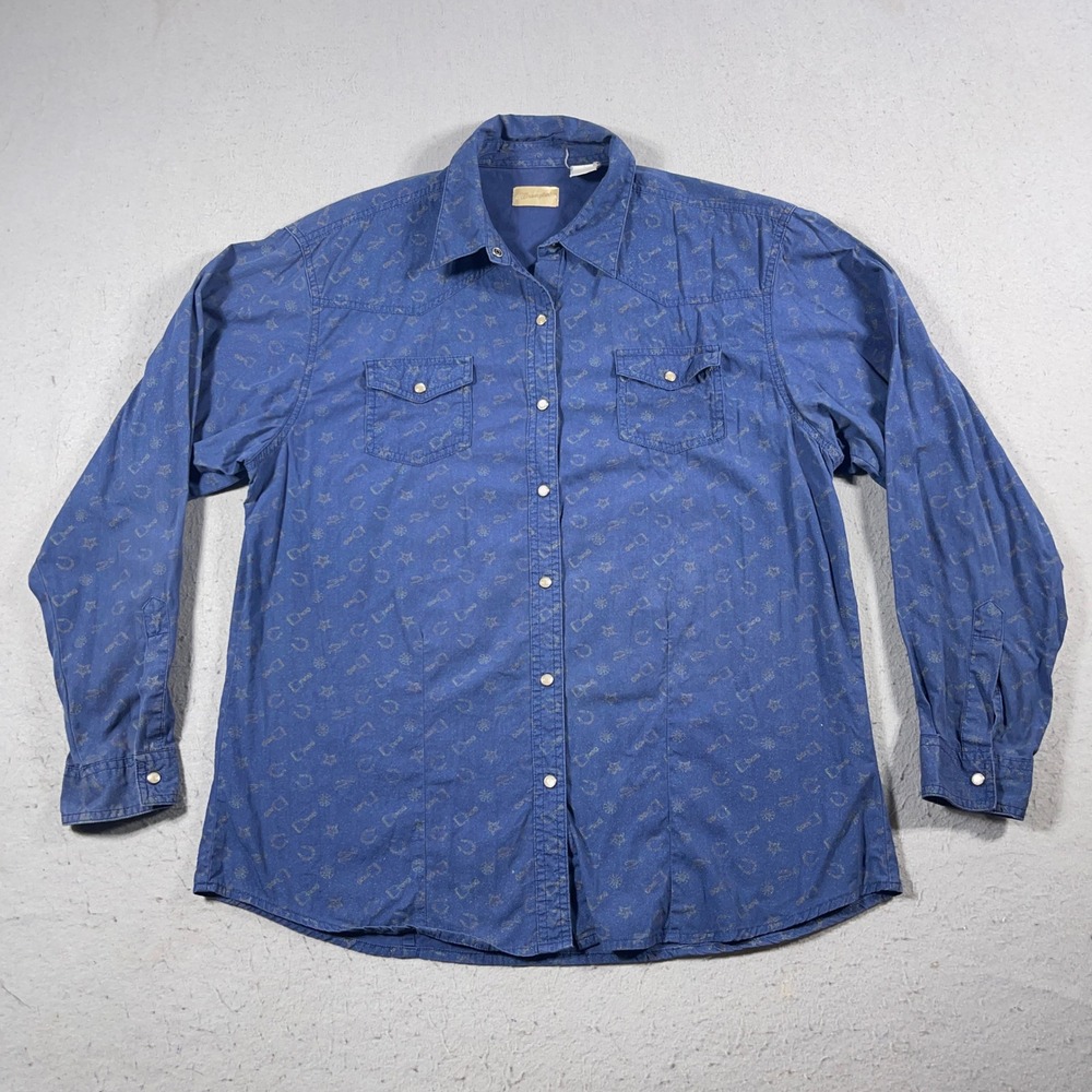 Wrangler Western Shirt Women Large? Snap Rodeo Blue Novelty Print Cowboy Country
